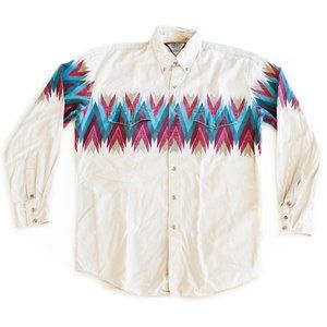 Vintage Western Aztec Beige Multi-Color Collared Button Up Long Sleeve Shirt - M